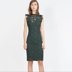 NWOT Zara Forest Green Lace Ruffle Midi Dress